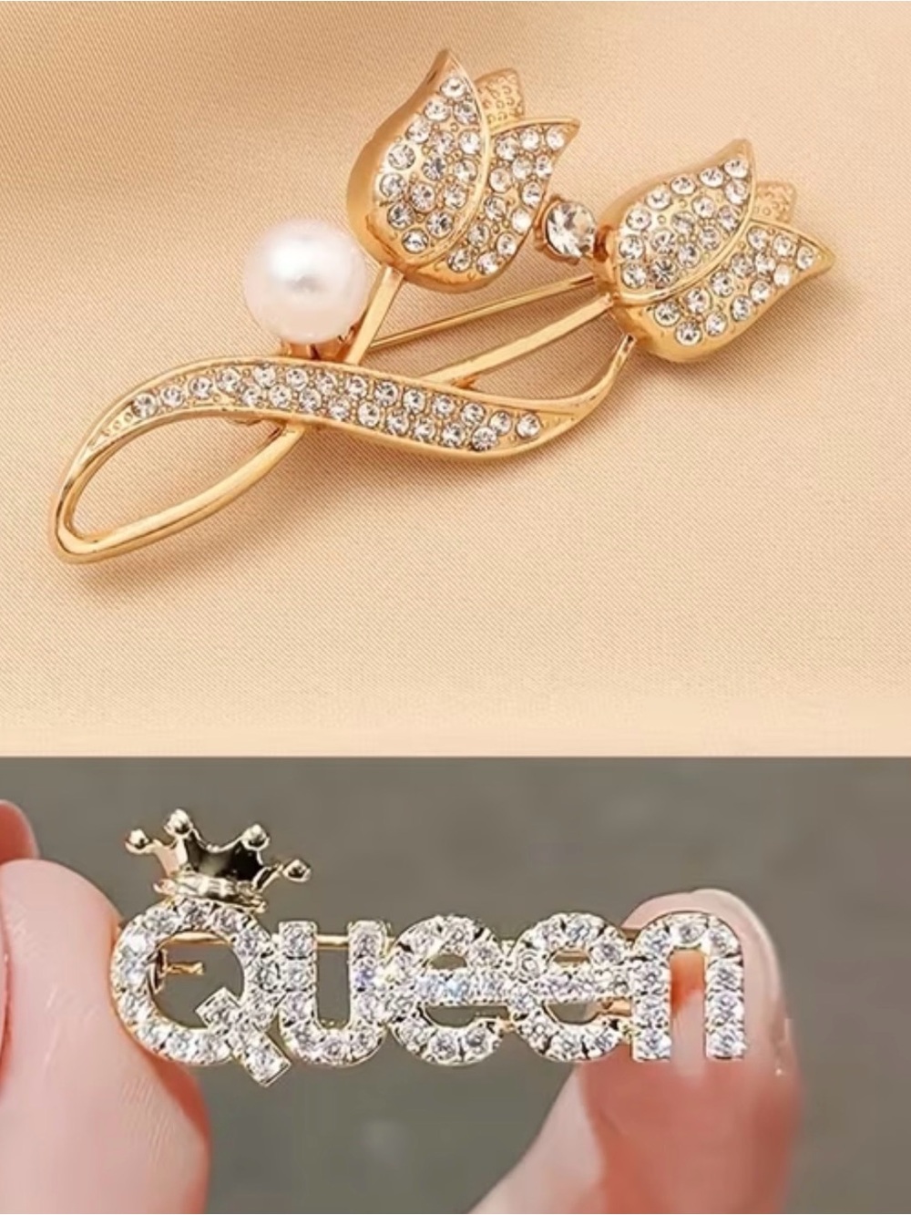 Rhinestone Tulip & "Queen" Pin Set with Pearl Accent
